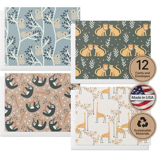 Image of Twigs Paper - Assorted Animal Pattern Greeting Cards - Stationery Cards with Envelopes - Thank You Card - Blank Note Cards - Greeting Cards for All Occasions - Made in USA (5.5 x 4.25, Set of 12)