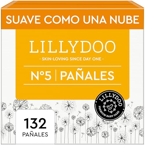 Pañales LILLYDOO delicados con la piel - talla 5 (11+ kg), caja mensual (132 unidades), protección contra fugas, suaves, sin perfumes ni lociones y dermatológicamente probados