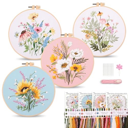 Image of Harimau Adult Beginner Embroidery Starter Kit, Complete Set with 4 Patterns, 2 Hoops, Needles, Scissors, Instruction Guide & Stitching Video Tutorials
