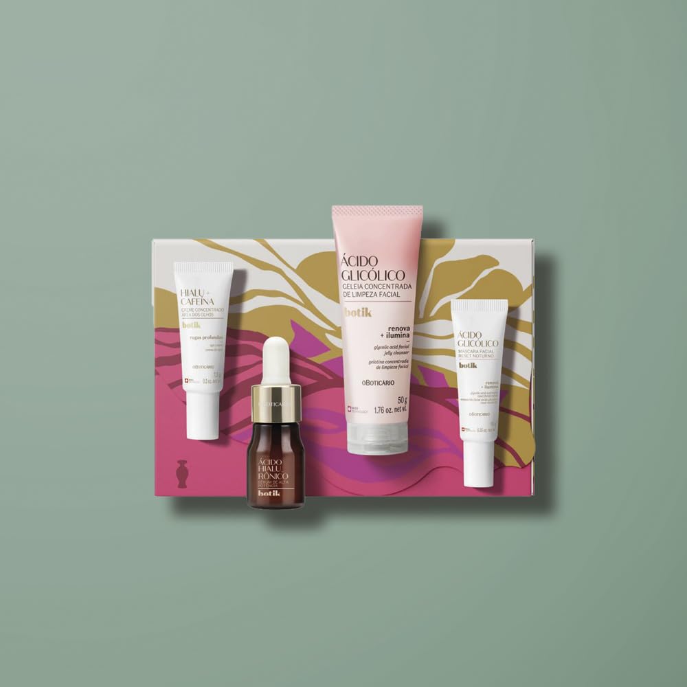 O Boticário Botik Gesichtspflege-Routine mit Hyaluronsäure und Glykolsäure, weich und beleuchtet, erneuerte Haut, 4 Produkte in Reisegröße, 77,5 g