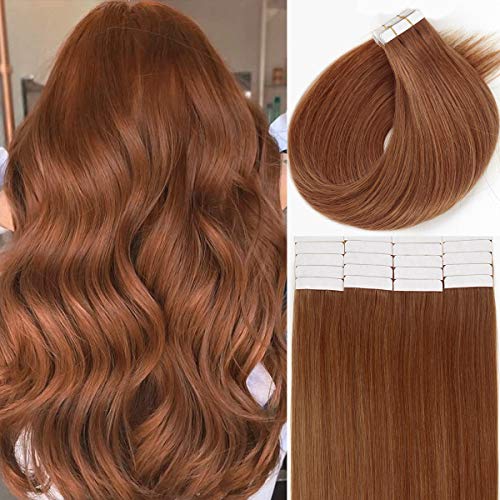Loxxy Tape Hair Extensions Real Remy Tape in Human Hair Natural Silky Straight Invisible Double Sided Reusable Skin Weft Tape in Hair Extensions #30 Auburn Brown Color 20Pcs 50g/Pack 22Inch