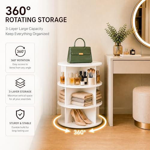 Image of 360 Rotating Multipurpose Storage Cabinet - Laminated Engineered Wood Organizer Rack | Space-Saving Rotating Shelf for Bedroom, Living Room, Dressing Area & Bathroom (White, 3-Tier)