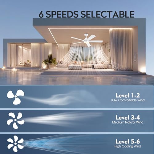Image of JSAITEE 52 Inch Smart Ceiling Fan with Lights, Remote & App Control, DC Reversible Motor, 6 Speeds Quiet 35dB, 3CCT Dimmable LED, Low Profile Modern Ceiling Fans for Bedroom Living Room, White