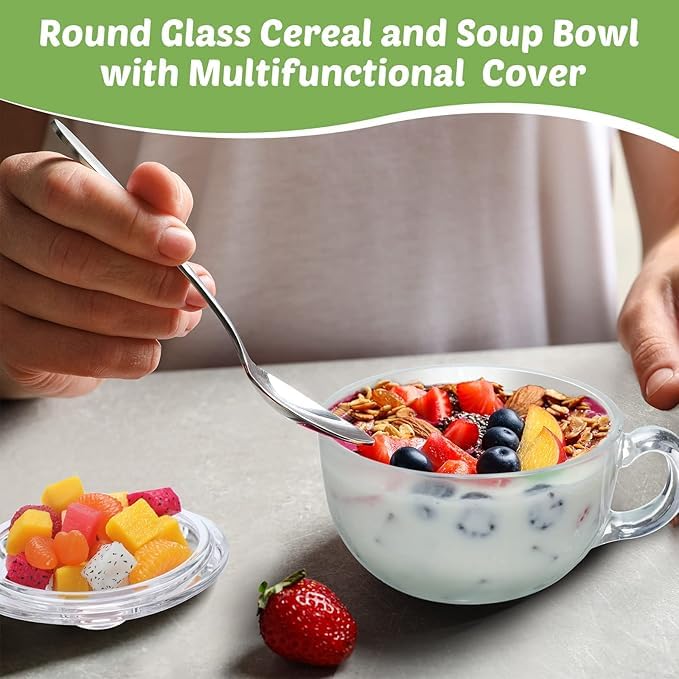 Image of PrimeWorld 2 Pcs Glass Ramen Bowl with Lid and Handle, Microwave Safe Soup Bowl Mixing Pot Transparent Cooking Cereal Bowls Breakfast Bowls for Noodles Soup Cereals Fruits(600 ml / 20 oz)