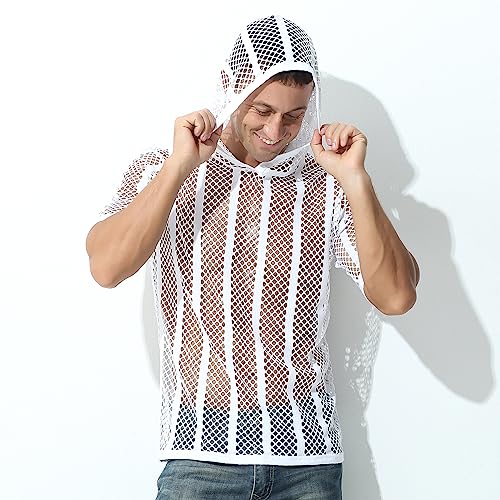 Evankin Mens Sexy Stripe Fishnet Hoodies See Through Mesh Short Sleeve T-Shirt Sheer Muscle Pullover3