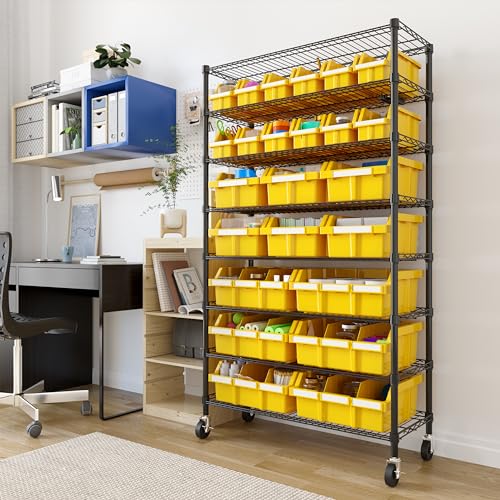 Image of 8-Tier NSF 24-Bin Steel Wire Shelving Rack, 36 inchW x 14.25 inchD x 63.5 inchH, Yellow | 24 slide-out bins with tilt-lock design keep supplies organized and accessible