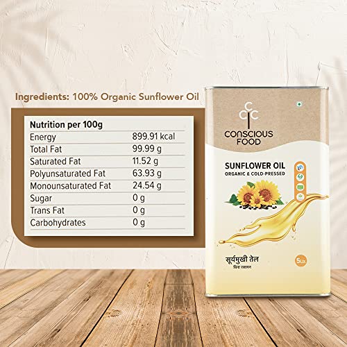 Image of Conscious Food Cold Pressed Sunflower Oil | 5 Litre | Natural | Healthy Cooking Oil | Tin Can | High in Antioxidants, Delicious & Healthy