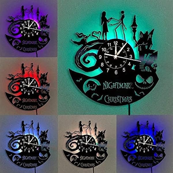 The Nightmare Before Christmas Vinyl Record Wall Clock 12 Inch Home Wall Decor with 7 Colors LED Lighting Unique Gift - Living Room Kitchen Halloween Lights Decoration