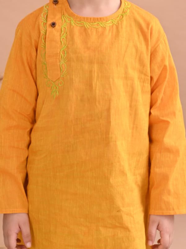 Image of superminis Baby Boy's Handloom Cotton Kurta With Embroidery Around The Neck And Contrast Color Dhoti Clothing Set