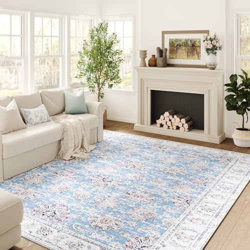 Image of jinchan Area Rug 6x9 Washable Boho Living Room Rug Floral Print Large Rug Indoor Soft Distressed Foldable Carpet Thin Rug Bedroom Dining Room Office Farmhouse Blue