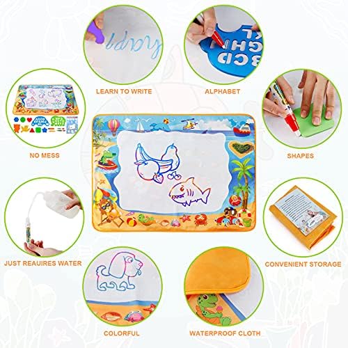 Water Painting Doodle Mat, Larger 100 x 70cm, Toddler No-Mess Activity Mat with Water Markers, Stencils and Shapes, Learning Water Draining Mat for Kids, Extra-Large Color Mat, 25-Piece Doodle Set