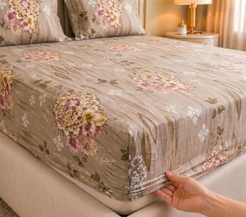 Image of Castiqa Elastic Fitted Supersoft Premium Polycotton 200TC King Size Bedsheets with 2 Pillow Covers (Fits Upto Mattress of 8Inches) (Camel, Full 72x78x8Inch)