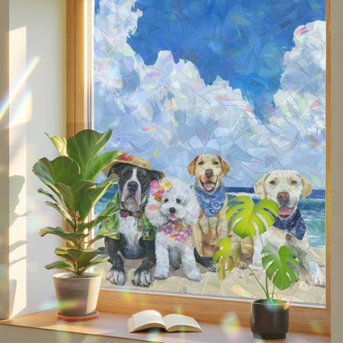 Summer Beach Pet Dogs Ocean Window Privacy Film,Watercolor Puppy Cloud Blue Sky 3D Stained Glass Window Film Static Window Clings Rainbow Glass Stickers for Bathroom Bedroom Office 17.7" x 39.3"