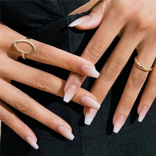 Coffin False Nails Long, 24Pcs White gradient French Fake Nails, Ballerina Press on Nails,Nude French Nail Tips with Nail Glue, Artificial Finger Manicure for Women and Girls