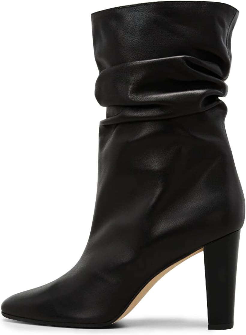 FSJ Women Slouchy Mid Calf Boots Pointed Toe Chunky High Heel Classic Ankle Bootie Stretchy Leather Slip On Winter Wide Riding Boots Size 4-15 US