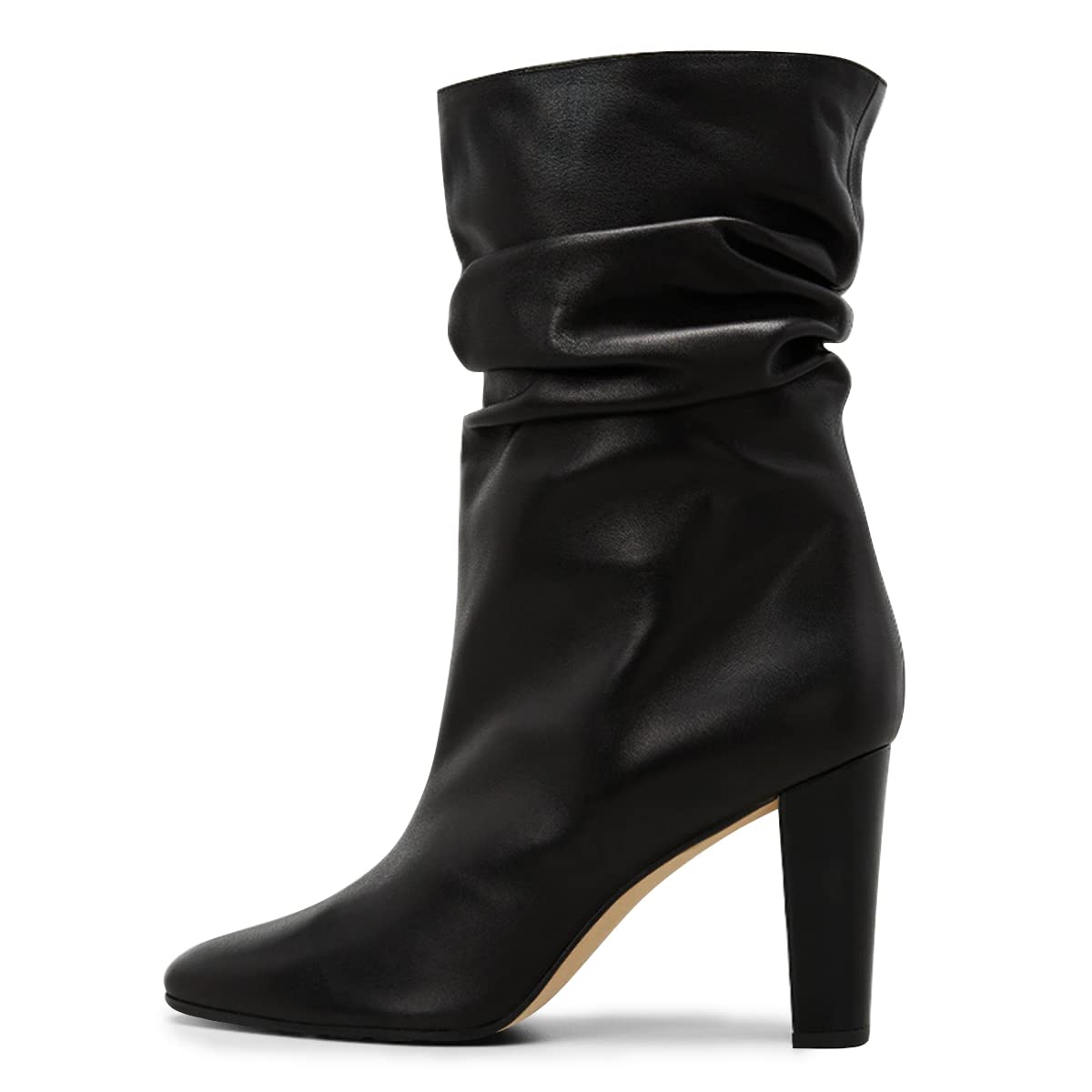 FSJ Women Slouchy Mid Calf Boots Pointed Toe Chunky High Heel Classic Ankle Bootie Stretchy Leather Slip On Winter Wide Riding Boots Size 4-15 US