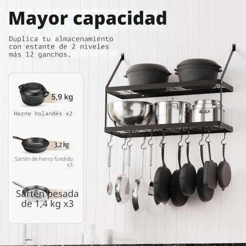 Miniatura 2 de Kes Estanteria Cocina Para Ollas Y Sartenes Estantes Para Colgar Con 12 Ganchos Almacenaje Organizador 2 Niveles 75cm Negro, Kur218s75b-Bk