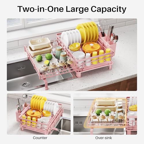 Image of SNTD Dish Drying Rack - Extendable Dish Rack, Large Sink Drying Dish Drainer for Kitchen Counter, Stainless Steel Dish Strainer with Utensil Holder (Pink)
