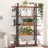 BATHWA Wood and Metal Minimalist 5 Tier Bookshelf, 6 feet Tall Open Rustic Wide Bookcase Industrial Style, Modern Wooden Big Book Shelf for Home Living Room Bedroom Office Storage, Rustic Brown