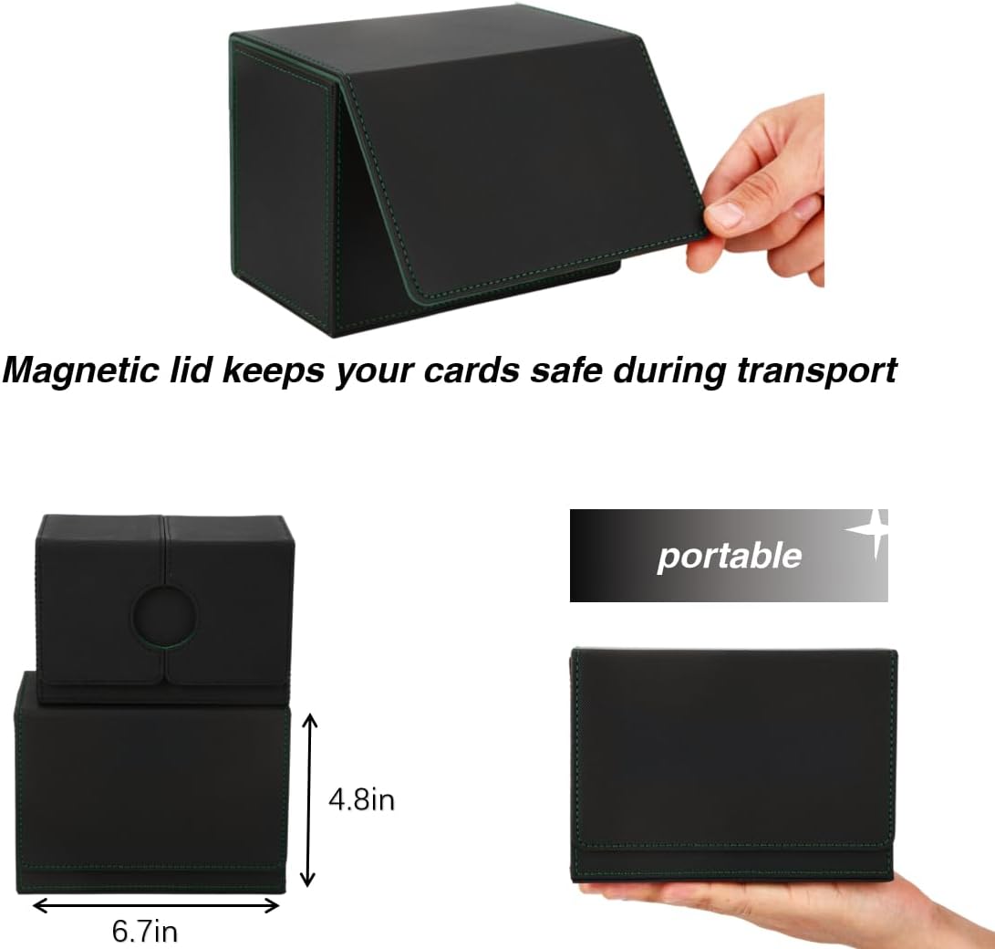 Venssu MTG Deck Box for Commander Display with dice tray,Card Deck Box Fits 160 Double Sleeved /200 Single Sleeved trading Cards, Deck Box TCG with 2 Dividers and 1 magnetic card holder (Black＆Green)