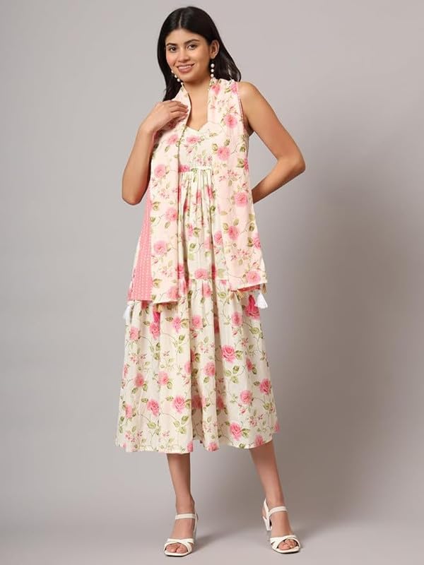 Image of FABRIC FITOOR Women Cotton Lime Green Color Geometric Print Fit & Flared Dress with Shoulder Straps