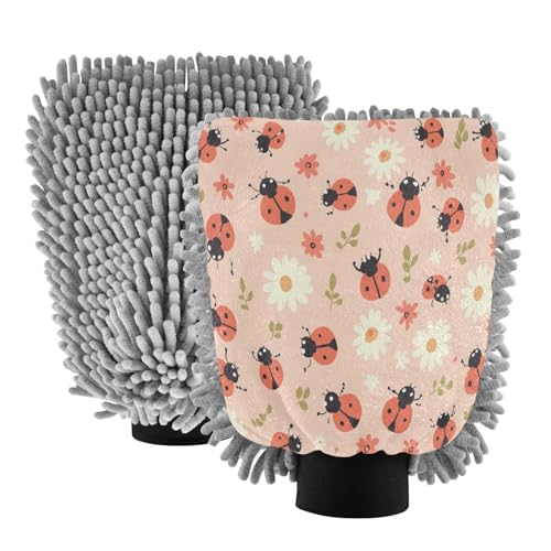 Kigai Ladybugs Daisies Car Wash Mitt Chenille Microfiber Washing Gloves Absorbent Quick Drying Scratch-Free & Lint-Free Car Cleaning Mitt, 11.8x8.1 inch
