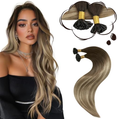 Image of Moresoo U Tip Hair Extensions Brown Bleach Blonde Balayage, 14 Inch | 50g 50 strands, remy human hair, lightweight keratin tips, adds buildable fullness for fine hair, daily wear, natural styling