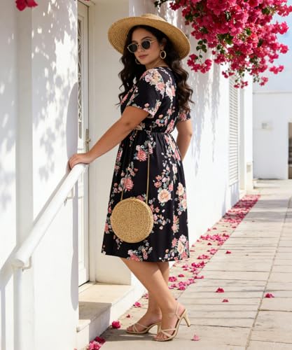 Image of RITERA Plus Size Dresses for Curvy Women Short Sleeve V-Neck Summer Dress Floral /Solid Midi Sundress with Pockets XL-5XL