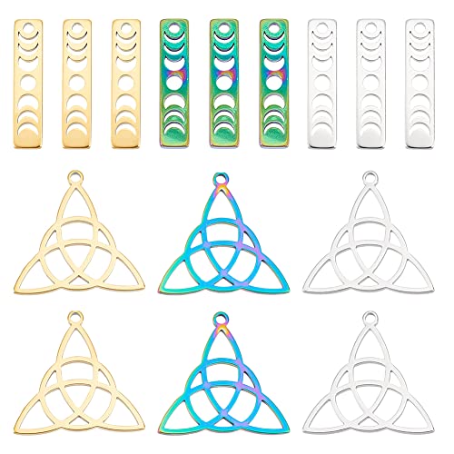 DICOSMETIC 24Pcs 2 Styles 3 Colors Trinity Knot Charm Irish Celts Jewelry Triangle Triquetra Pendant Moon Phase Bar Pendant Rectangle Crescent Moon Charm for DIY Craft Jewelry Making Hole: 1.8/2mm