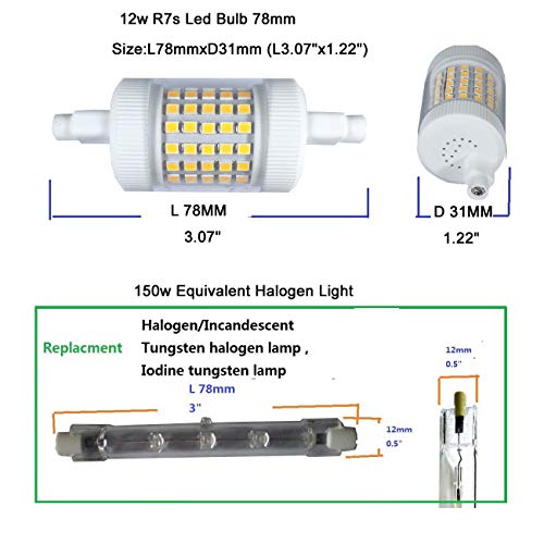 QLEE Dimmable 12w R7s Led Bulb 78mm Daylight 150w Equivalent Halogen Light 3.1" Double Ended J Base T3 R7s 150w 120v Flooding Light Reading Working Security Floor Lamp Daylight 2PCS… - Image 3