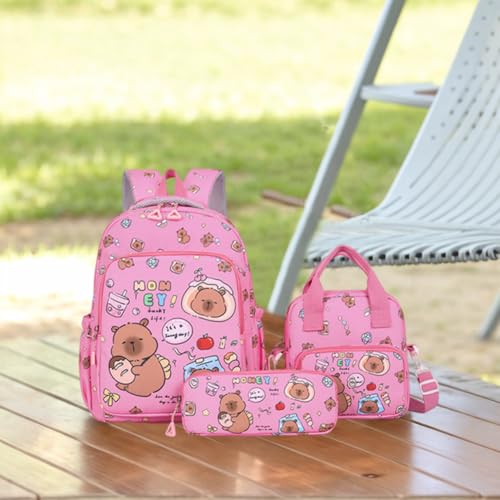 3Pcs Capybara Backpack with & Shoulder Bag Nylon Bookbag (Rose Red)4
