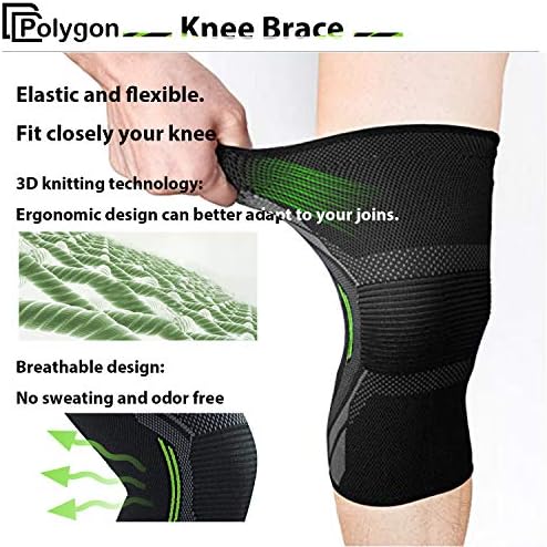 Polygon Knee Support Brace 2 Pack, Knee Compression Sleeve for Running, Arthritis, ACL, Meniscus Tear, Sports, Joint Pain Relief and Injury Recovery (Medium)