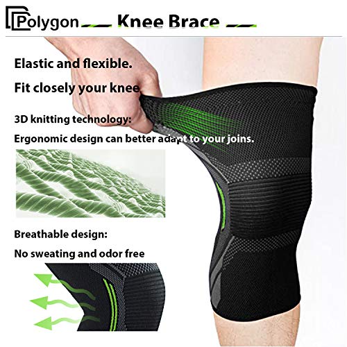Polygon Knee Support Brace 2 Pack, Knee Compression Sleeve for Running, Arthritis, ACL, Meniscus Tear, Sports, Joint Pain Relief and Injury Recovery (Medium)