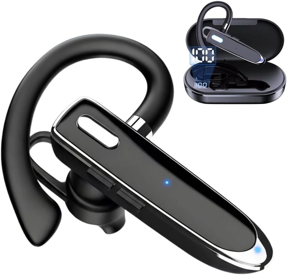 Bluetooth Headset Single Ear Earbuds – 180H Standby, Noise Reduction Mic, Two Devices Connection, 800mAh Charging Case, in-Ear Design, 180° Vertical Rotation for Work, Trucker, Office.