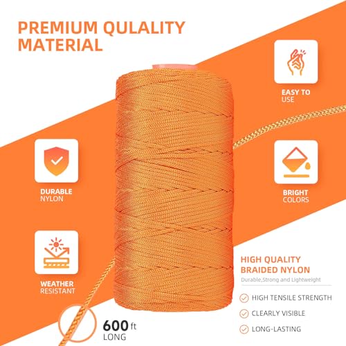 Orange Mason Line String 600 Feet #18 Braided Nylon Twine String for Masonry Jobs,General Construction Layout,Gardening and DIY Projects,Masonry Tools Construction String for A String line Level