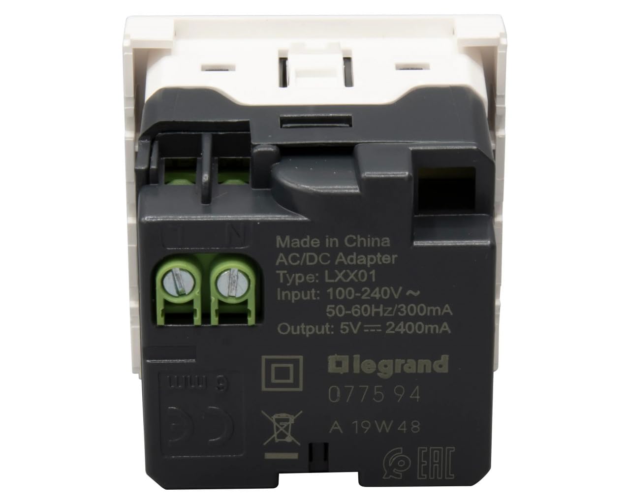 Legrand 077594 Mosaic USB Chargeur, Type-A, 2.4A, 12W, 2 Module, 230V ou 5V, Blanc