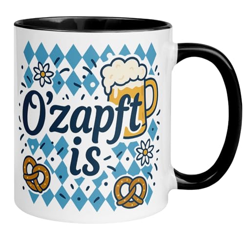 Bayrische Kaffeetasse | Bier Tasse Männer Geschenk | Bayern Bierkrug & Spruch | O’zapft is mit Brezn und Bier | Bayern Lebensfreude Tradition Volksfest Motiv