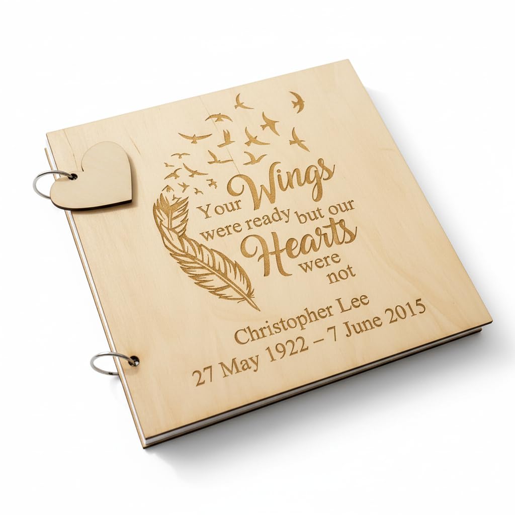 Ukgiftstoreonline Light Brown Personalised Large Funeral Remembrance Guest Book Scrap Book Album Engraved Wooden