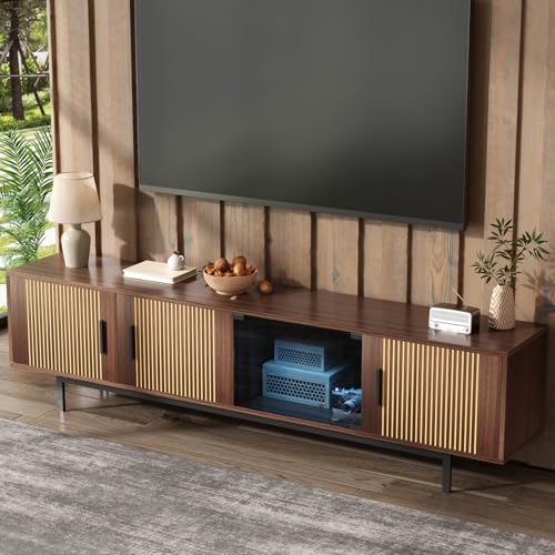 OLIVIBED Armario de TV con LED, armario bajo para sala de estar con 3 puertas, armario para televisores de hasta 85 pulgadas, armario de televisión para salón, dormitorio, 200 x 35 x 53 cm, nogal