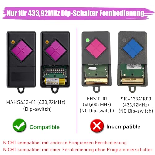pepape 2 Stück Garagentor Handsender für Dickert MAHS433-01, MAHS433-04, S10-433A1L00, S5-433A2L00, Kompatibel mit Dickert 433.92MHz Dip-Schalter Garagenfernbedienung