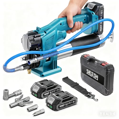 Seesii Pompe a Graisse Electrique Kit: Haute Performance 10 000 PSI 4,6 oz/Min, Pompe à Graisse avec 2 Batteries, Tuyau de 39,4, Raccord à 90°, 3 Embouts...