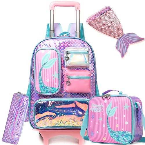 Meetbelify Mochila de rodinhas com laço para garotas, mala com rodinhas para crianças, Sereia rosa, Medium