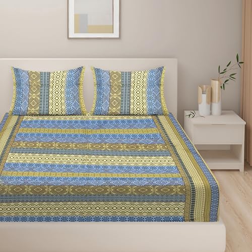 Image of Swayam Pure Cotton Double Bedsheet with 2 Pillow Covers | Size 90 x 100 inch | 160 TC | Ethnic Motifs Design | Soft Breathable Bed Sheet | Comfortable & Durable for Bedroom - Yellow