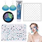 5 Stück Meerjungfrau Schminke,Mit Ohrringe in Muschelform,Meerjungfrau Face Paint,Schuppen Schablonen,Blau Glitzersteine Gesicht Selbstklebend,Chunky Sequins Glitter Gel,für Halloween Karneval Cosplay