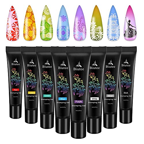 Biutee Nagel Stamping Set 8 Farben Stamping Gel+12 pcs Nagel Stamping Schblonen Platte+1 pcs Stempel, Nagel Stempel Set, French Nails Stempel Blumen Nagel Schablone für Nageldesign Nagelschablonen