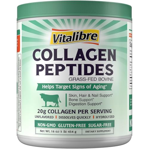 Vitalibre Bovine Collagen Peptides Powder for Women and Men, Grass-Fed Hydrolyzed Collagen Protein Type I & III, Skin, Hair, Nails, Bones, Digestion, Unflavored, Non-GMO, Keto & GF, 22 Servings, 16oz