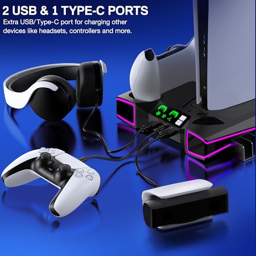 Image of PS5 Stand, PS5 /PS5 Slim Cooling Station with 3-Level Cooling Fan, Controller Charger Station for PS5 Accessories, Light, Headset Holder, 3 Charger Ports for PlayStation 5 Slim Console, Black