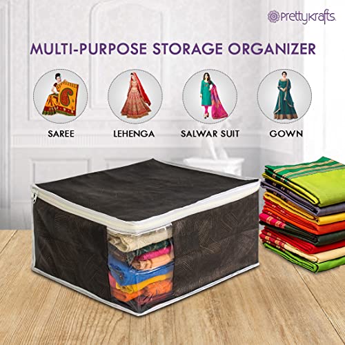 PrettyKrafts Set of 3 Foldable Saree Covers/Wardrobe Organizer With Transparent Window And Zip/Clothes Storage Bag For Women's Lehenga, Suit Saree & Other Accessories,(Size 40 x 33 x 19 CM),Jute Black 2 51ImucHv98L