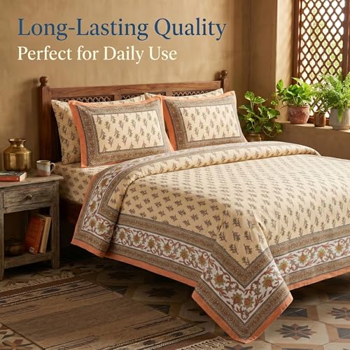 Image of Mafatlal 144 TC Heritage 100% Cotton Rajasthani Jaipuri Traditional Floral King Size Queen Bedsheet with 2 Pillow Covers (90x108 inches) - Copper Orange