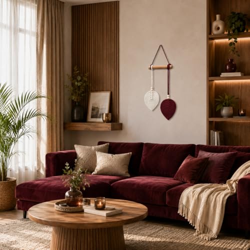 Image of AdFashionble Boho Macrame Wall Hanging Leaf Decor for Home, Living Room & Bedroom | Cotton Thread Art with Wooden Rod | Minimalist Handmade Wall Decoration | Aesthetic Nordic Wall Art for Home, Office & Gift Purpose Lenght- 58 cm Width- 15 cm (MAROON & OFFWHITE)